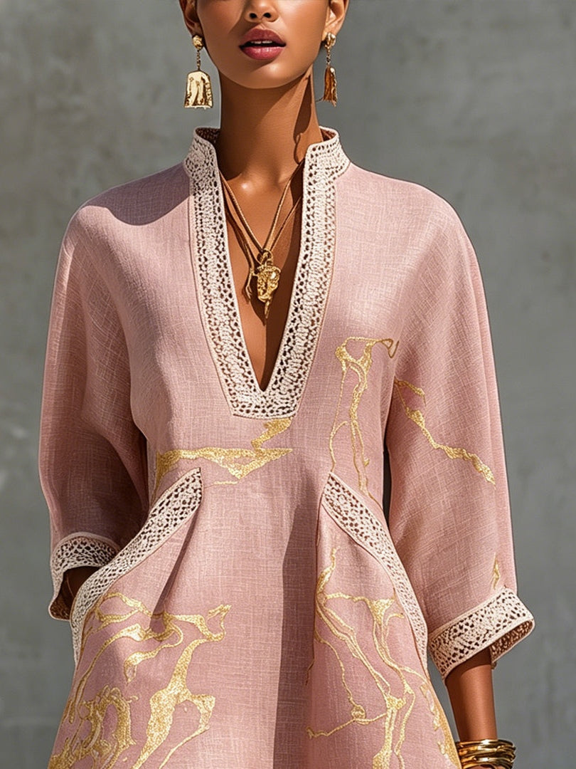 Pink Gold Printed V-neck Crochet Lace Mini Dress