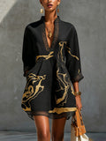 Black Gold Printed V-neck Crochet Lace Mini Dress
