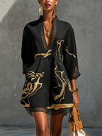 Black Gold Printed V-neck Crochet Lace Mini Dress