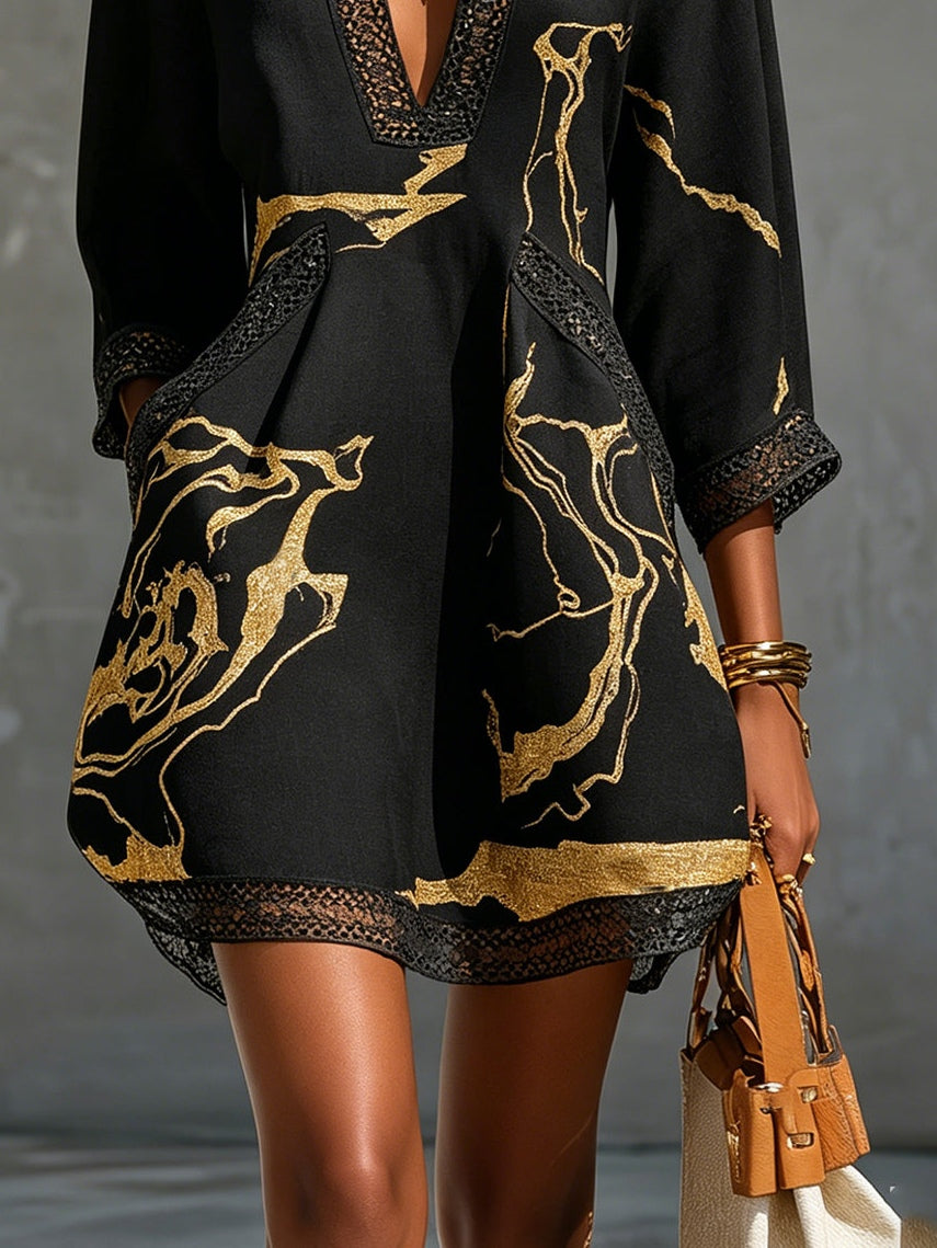 Black Gold Printed V-neck Crochet Lace Mini Dress