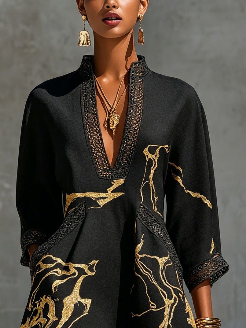 Black Gold Printed V-neck Crochet Lace Mini Dress