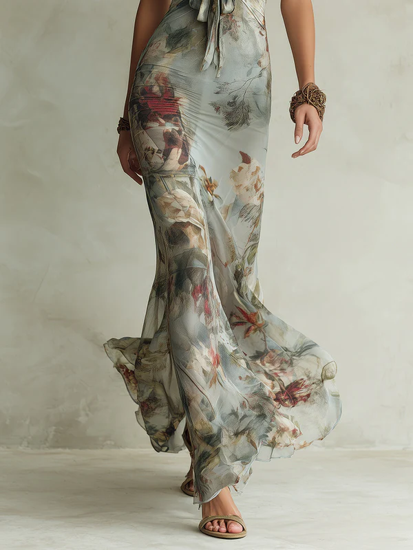 Retro Floral Print Halter Neck Fishtail Maxi Dress