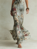 Retro Floral Print Halter Neck Fishtail Maxi Dress