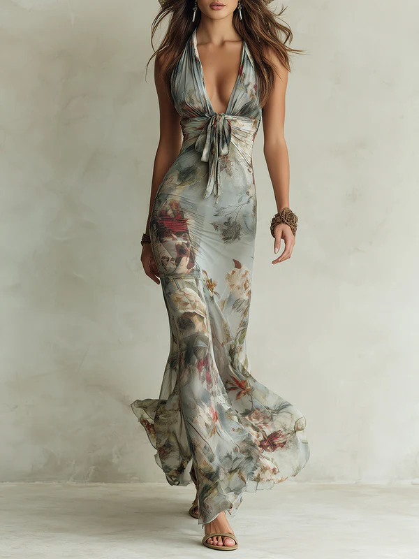 Retro Floral Print Halter Neck Fishtail Maxi Dress