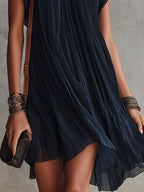Navy Blue Floral Embroidered Pleated Chiffon Mini Dress