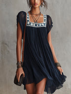 Navy Blue Floral Embroidered Pleated Chiffon Mini Dress