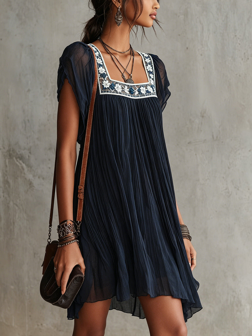 Navy Blue Floral Embroidered Pleated Chiffon Mini Dress