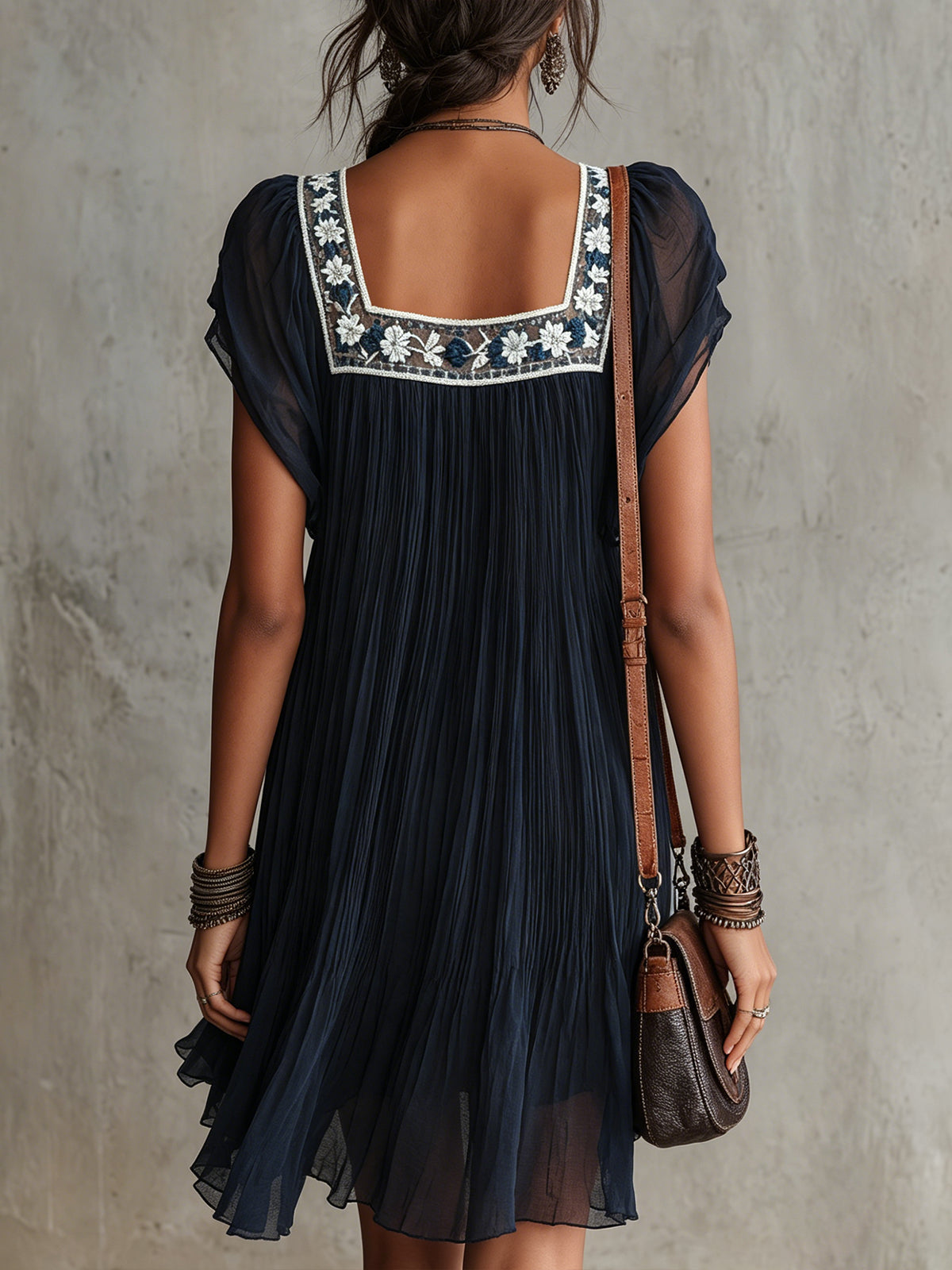 Navy Blue Floral Embroidered Pleated Chiffon Mini Dress