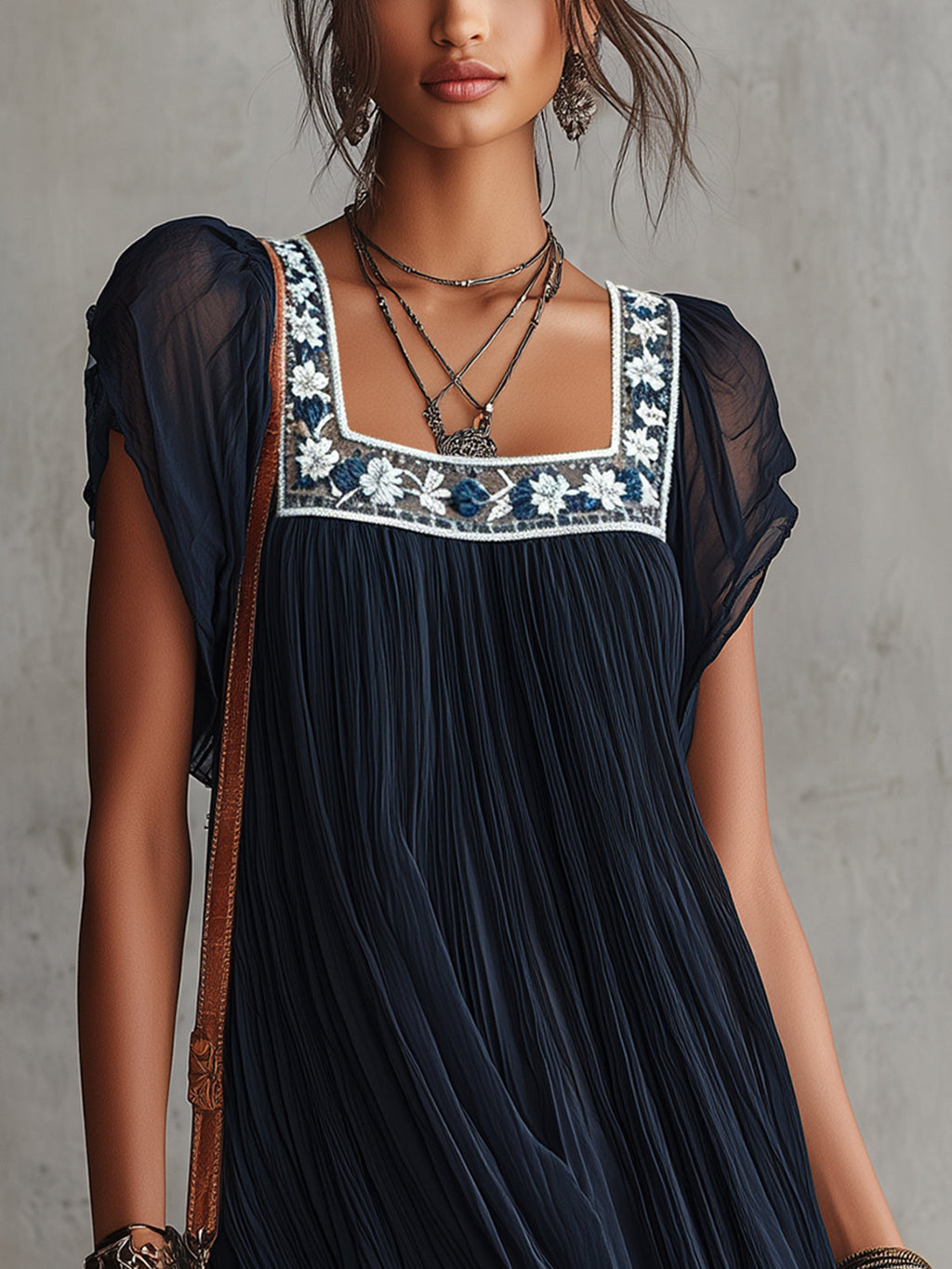Navy Blue Floral Embroidered Pleated Chiffon Mini Dress