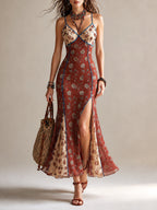 Rust-red Floral Print Chiffon High-slit Spaghetti Strap Maxi Dress