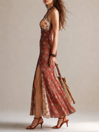 Rust-red Floral Print Chiffon High-slit Spaghetti Strap Maxi Dress