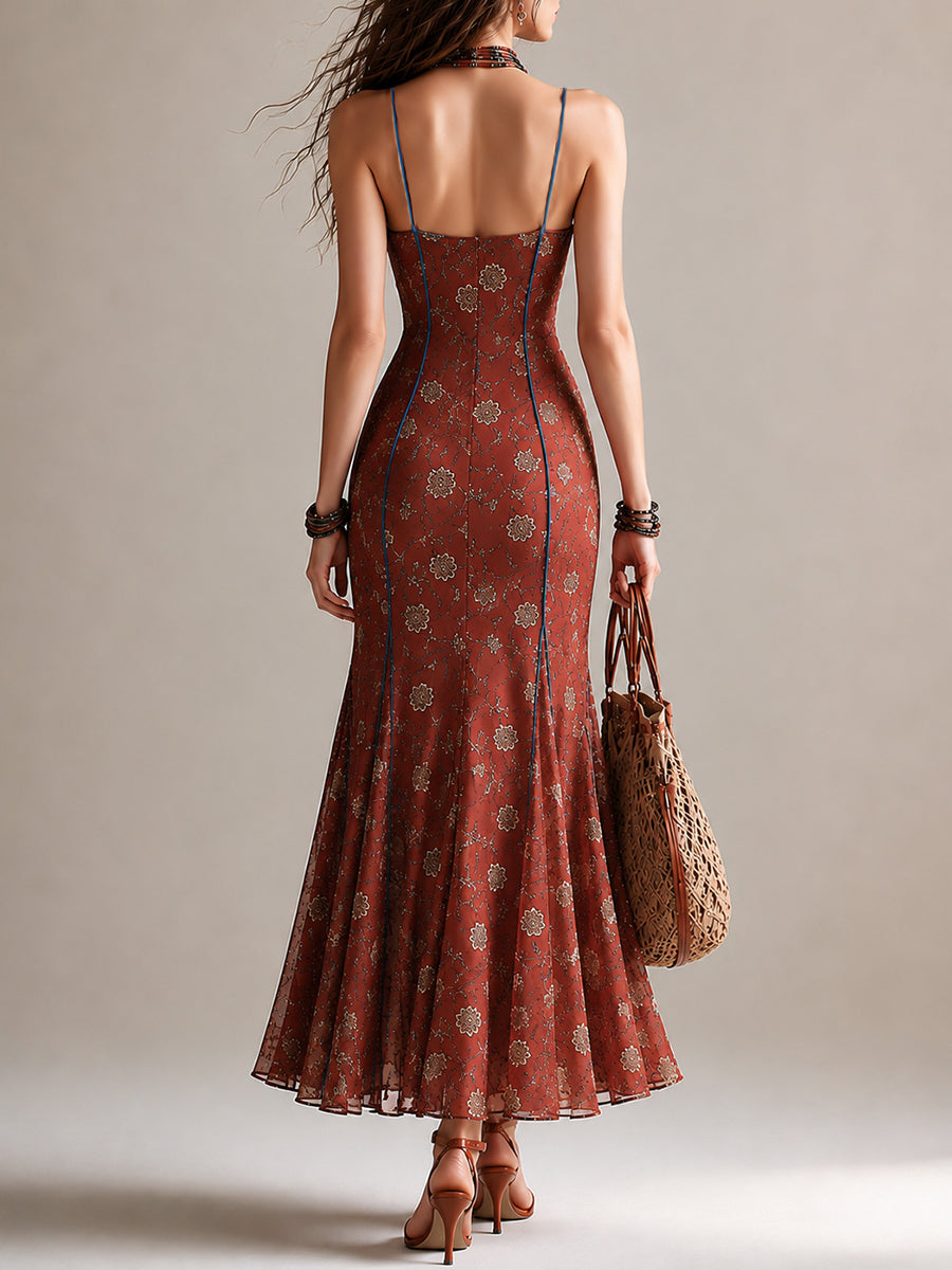 Rust-red Floral Print Chiffon High-slit Spaghetti Strap Maxi Dress