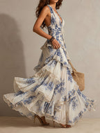 Romantic Vacation Blue And White Floral Print Halter Neck Ruffled Maxi Dress
