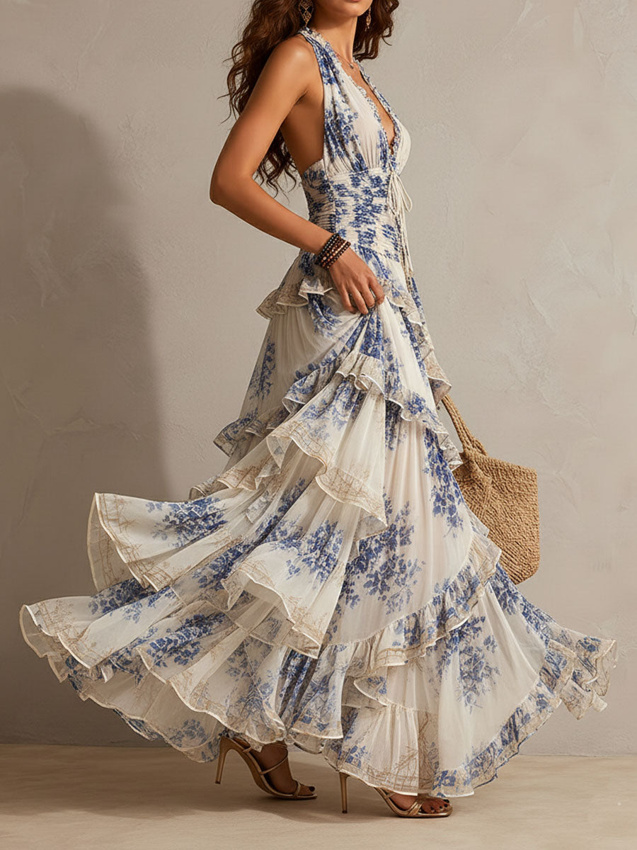 Romantic Vacation Blue And White Floral Print Halter Neck Ruffled Maxi Dress
