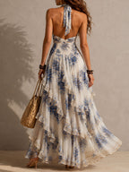 Romantic Vacation Blue And White Floral Print Halter Neck Ruffled Maxi Dress