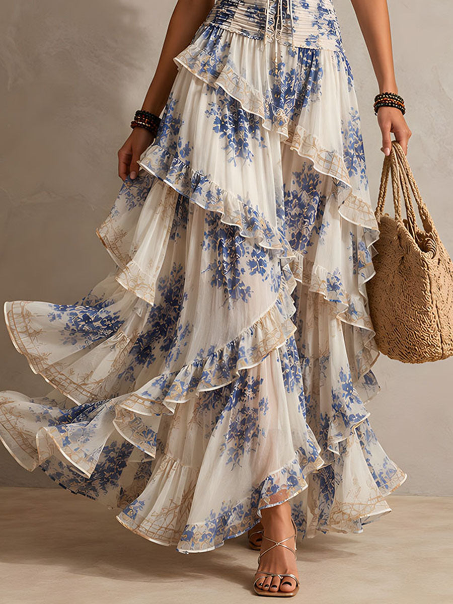 Romantic Vacation Blue And White Floral Print Halter Neck Ruffled Maxi Dress