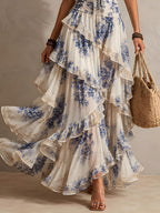 Romantic Vacation Blue And White Floral Print Halter Neck Ruffled Maxi Dress