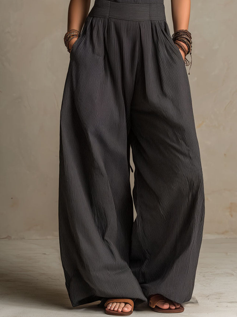 Boho Charcoal Crisscross Halter Pinstripe Wide-Leg Jumpsuit