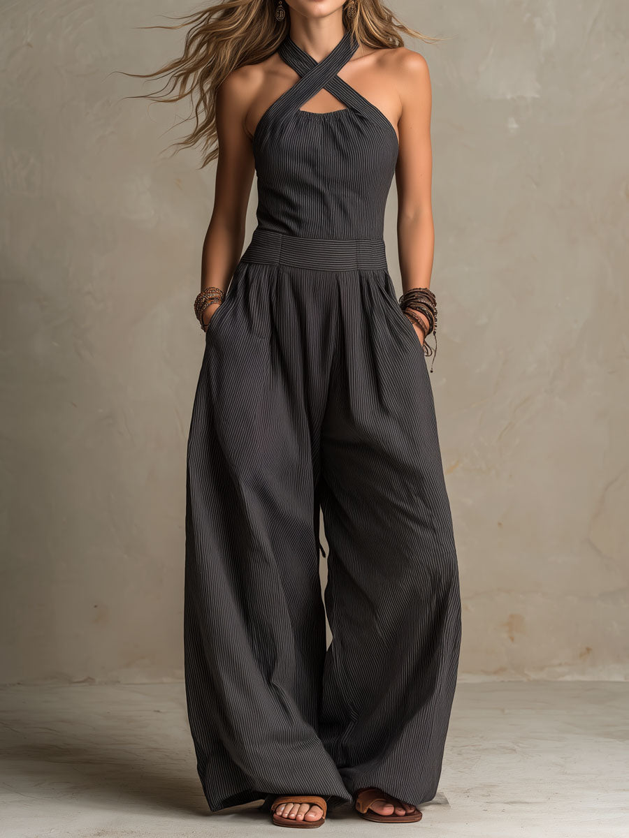 Boho Charcoal Crisscross Halter Pinstripe Wide-Leg Jumpsuit