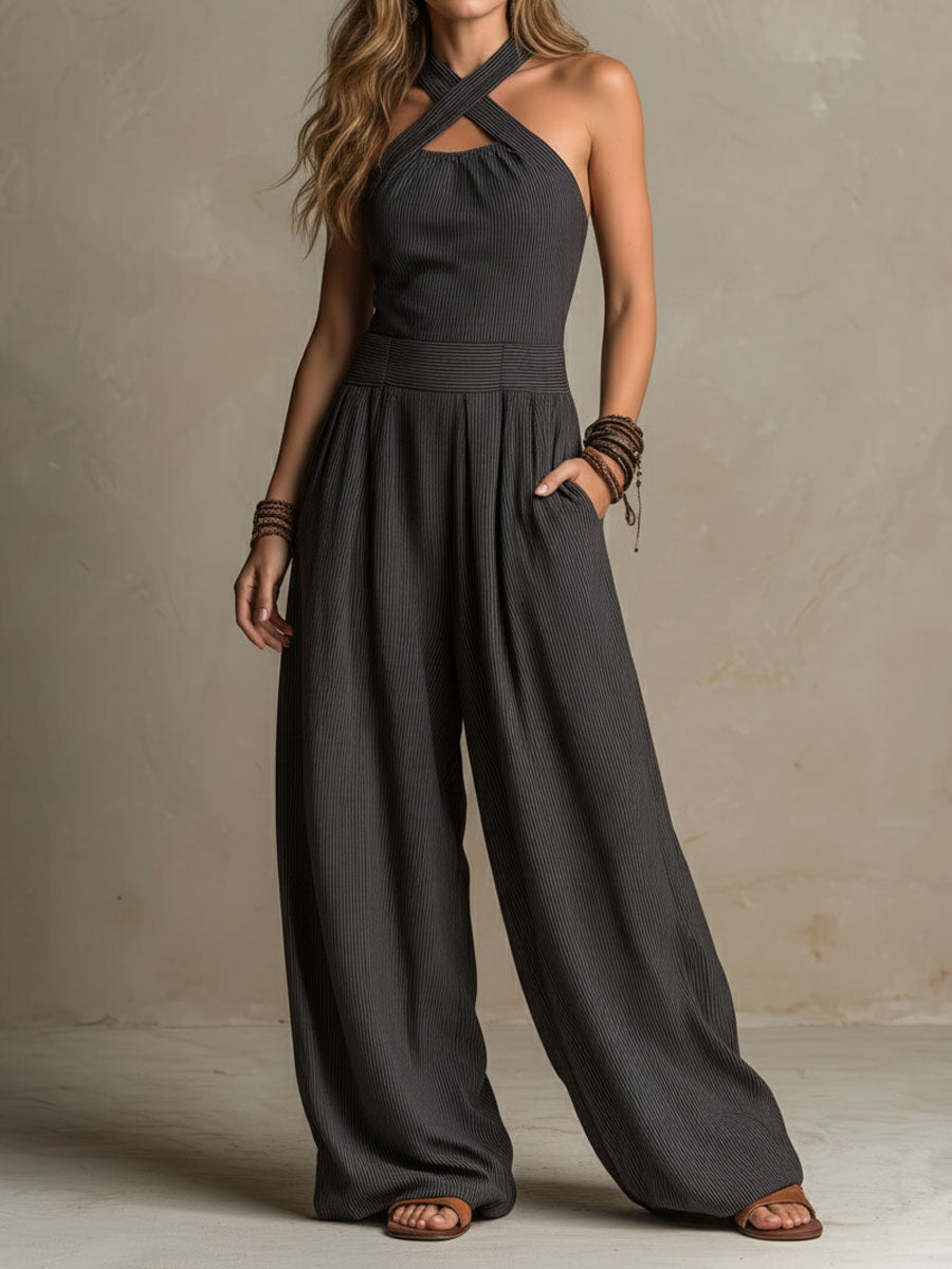 Boho Charcoal Crisscross Halter Pinstripe Wide-Leg Jumpsuit