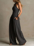 Boho Charcoal Crisscross Halter Pinstripe Wide-Leg Jumpsuit