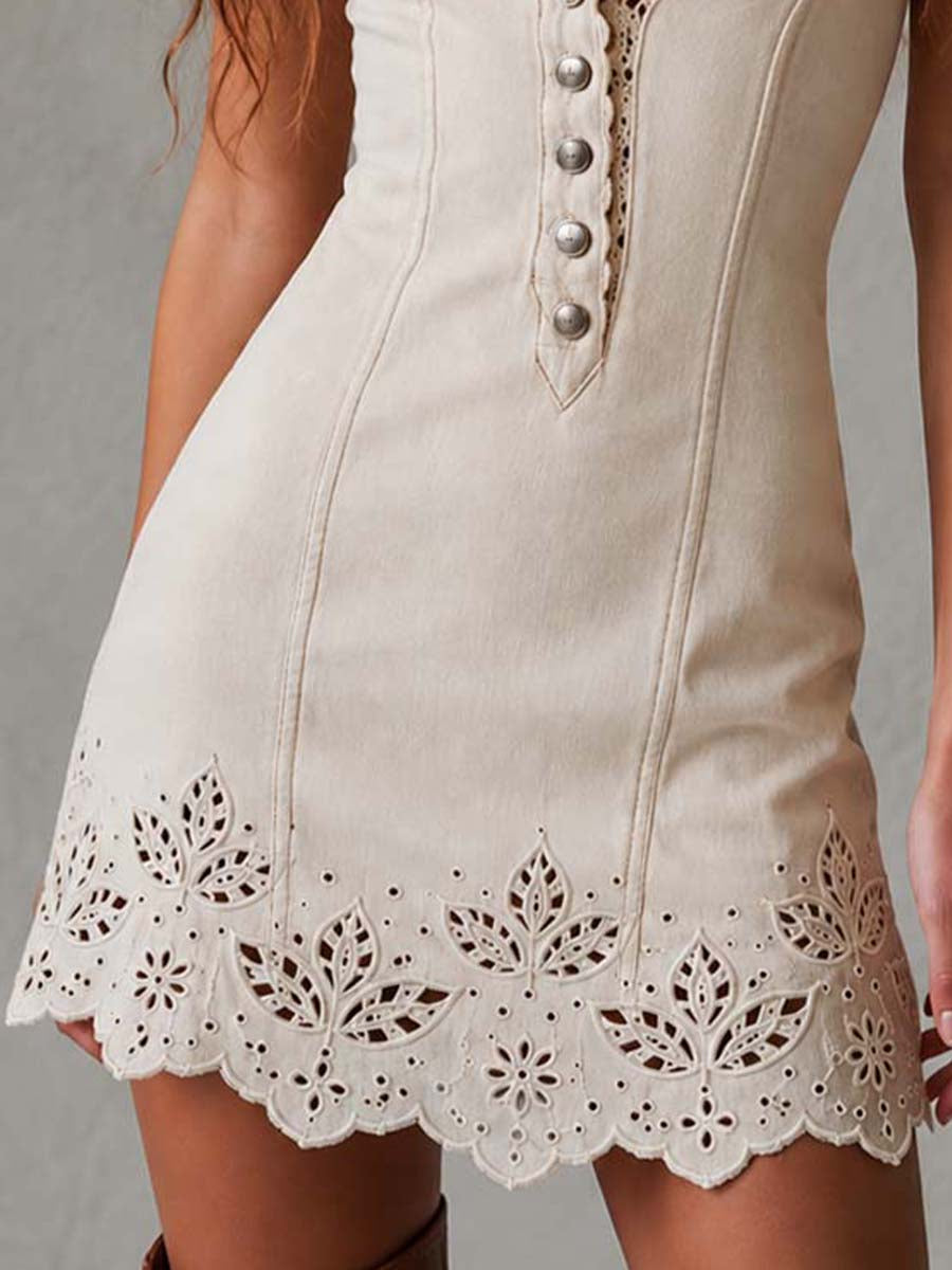 Ivory Retro V-neck Hollowed-out Lace Mini Dress