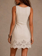 Ivory Retro V-neck Hollowed-out Lace Mini Dress
