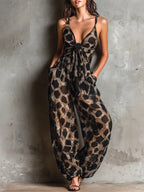 Black Animal Print Halter-neck Loose-fitting Chiffon Wide-leg Jumpsuit