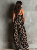 Black Animal Print Halter-neck Loose-fitting Chiffon Wide-leg Jumpsuit