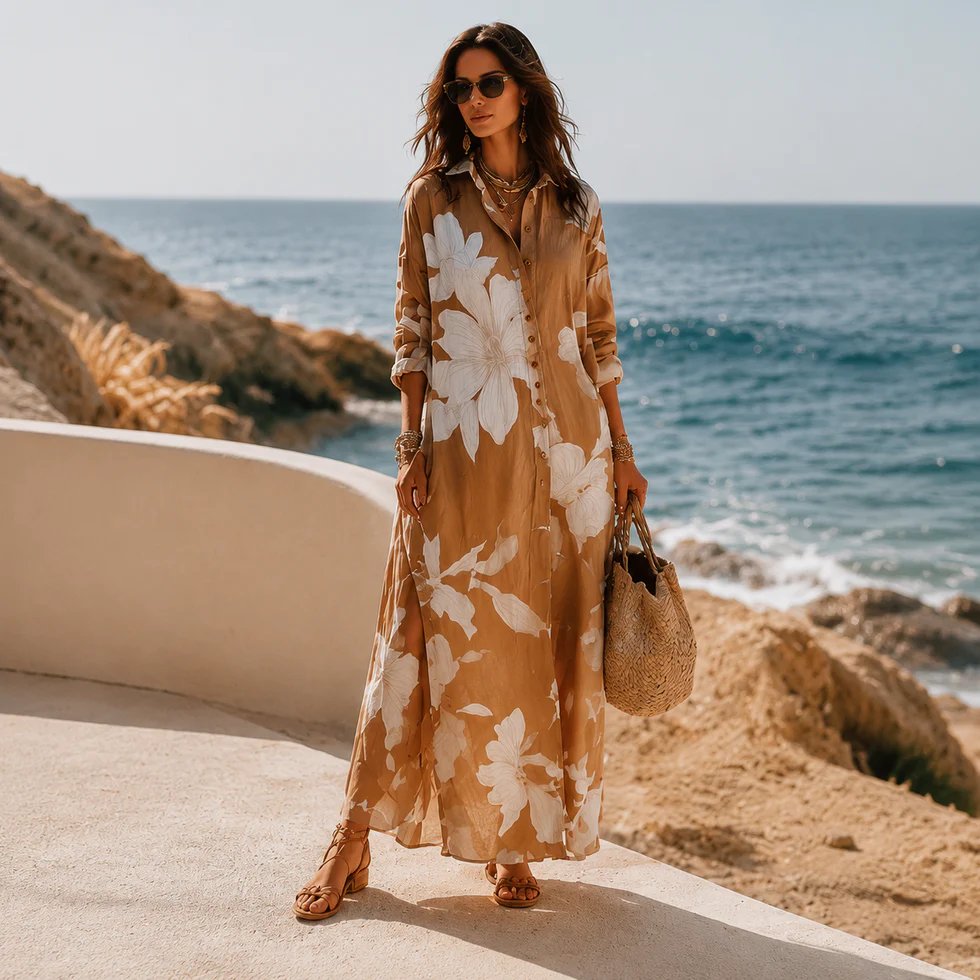 Brown White Floral Print Vacation Maxi Shirt Dress