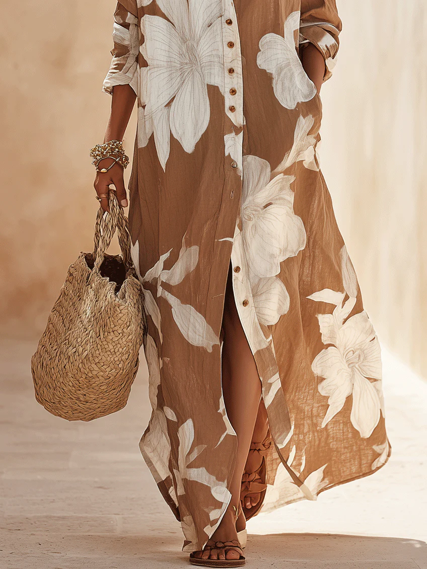 Brown White Floral Print Vacation Maxi Shirt Dress