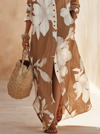 Brown White Floral Print Vacation Maxi Shirt Dress