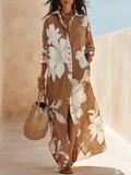 Brown White Floral Print Vacation Maxi Shirt Dress