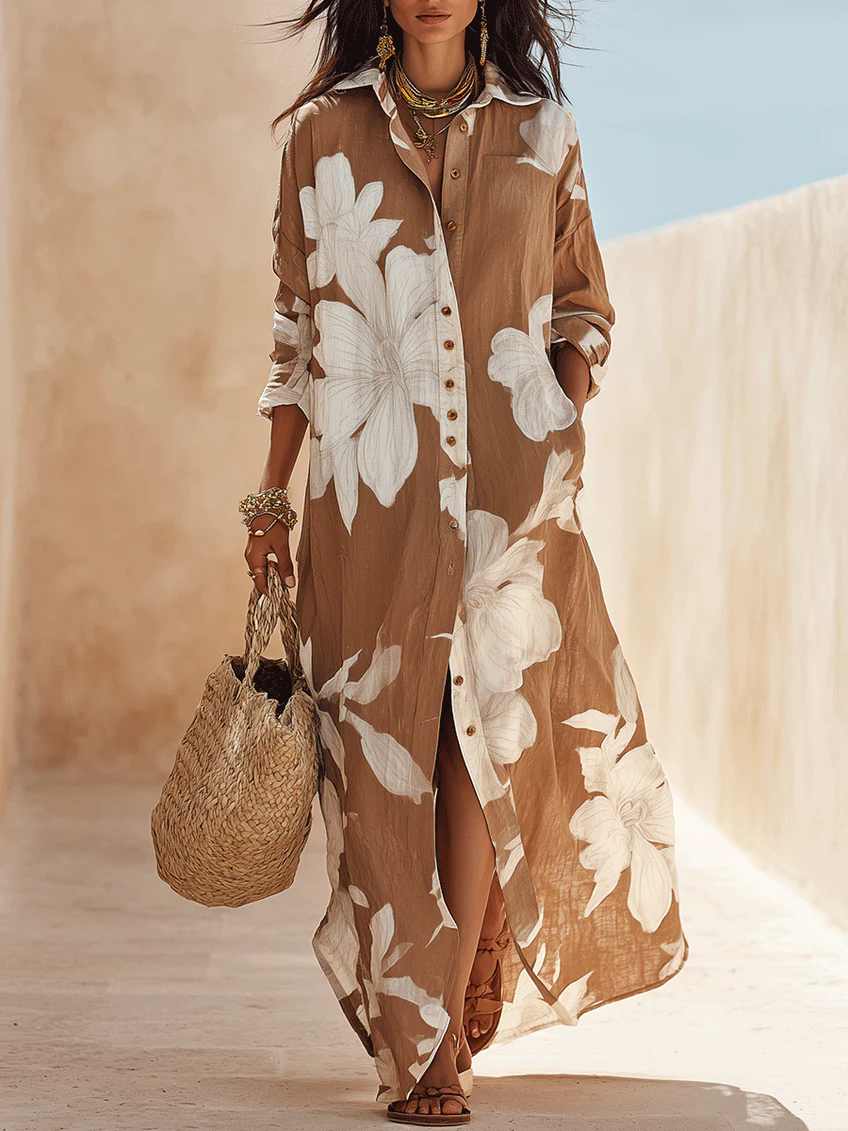 Brown White Floral Print Vacation Maxi Shirt Dress