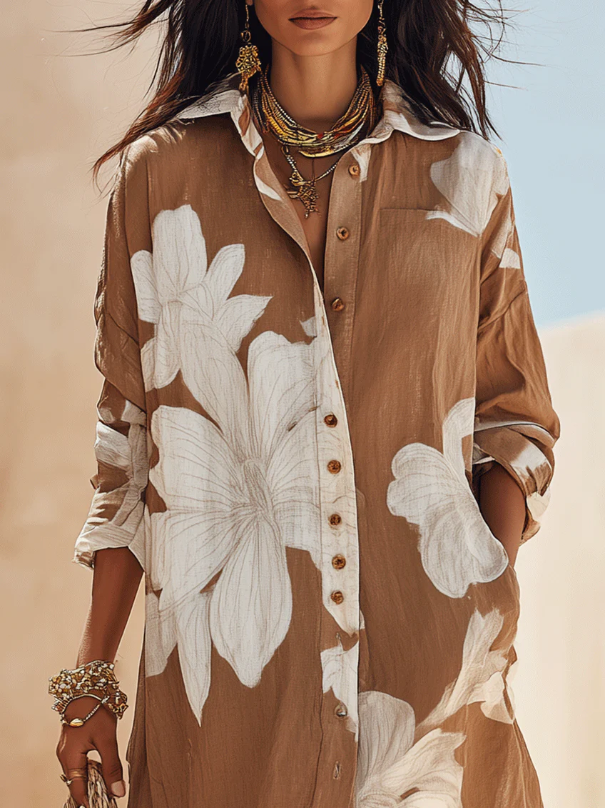 Brown White Floral Print Vacation Maxi Shirt Dress