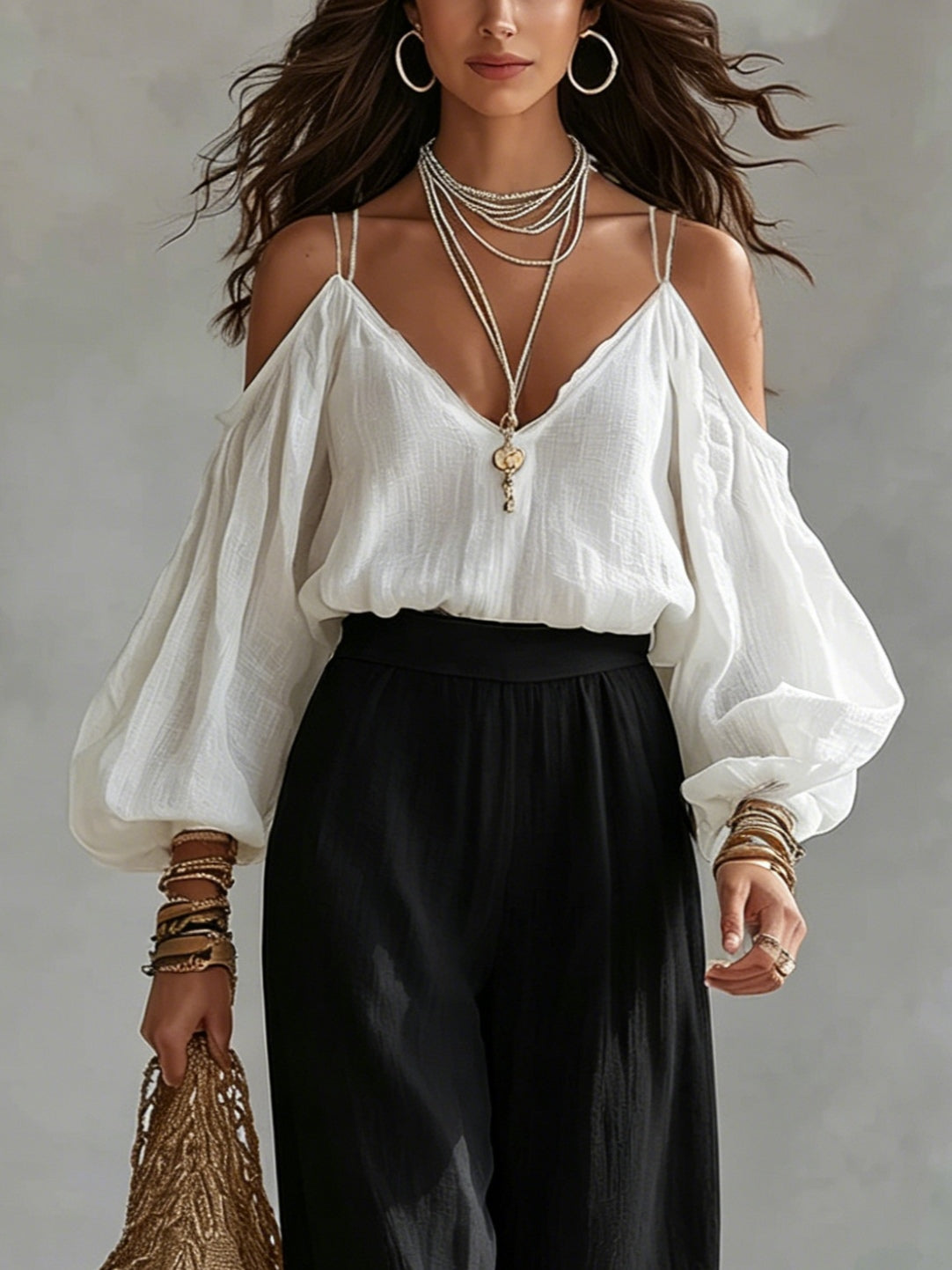 White Off-the-shoulder Tank Top And Black Wide-leg Pants Suit