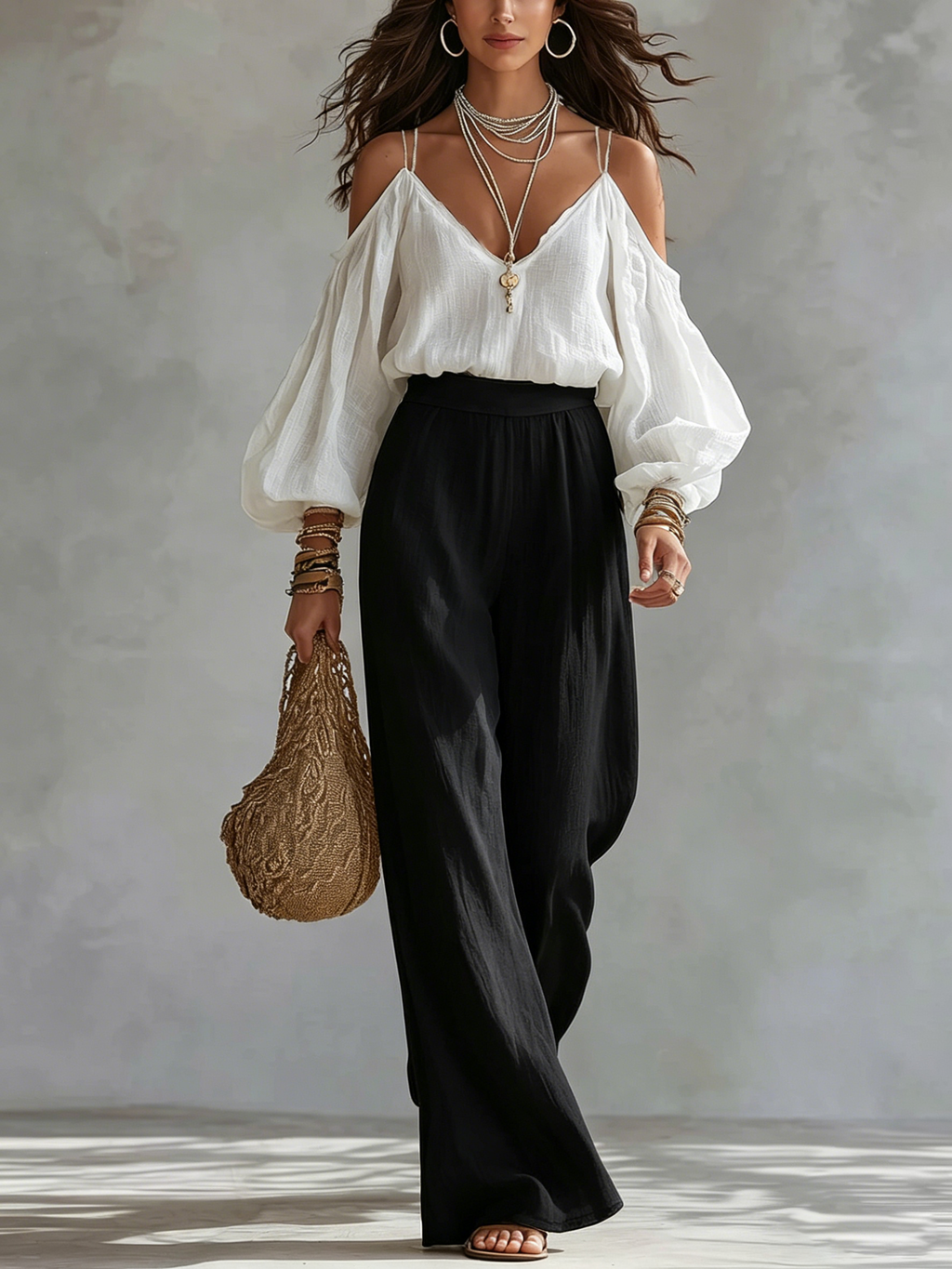 White Off-the-shoulder Tank Top And Black Wide-leg Pants Suit