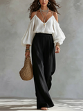 White Off-the-shoulder Tank Top And Black Wide-leg Pants Suit