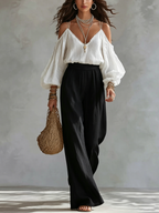 White Off-the-shoulder Tank Top And Black Wide-leg Pants Suit