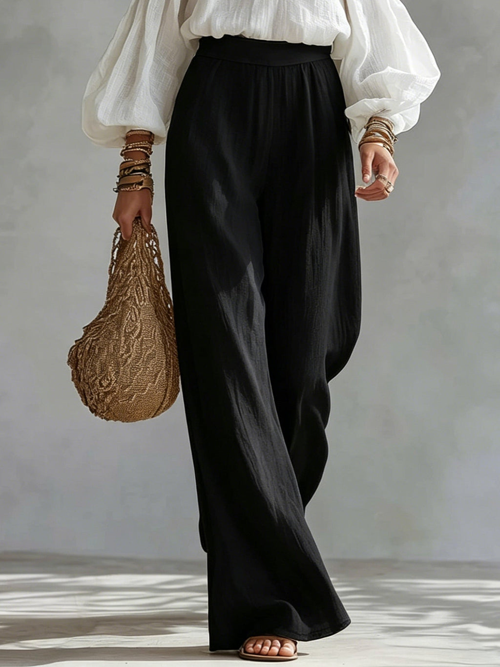 White Off-the-shoulder Tank Top And Black Wide-leg Pants Suit