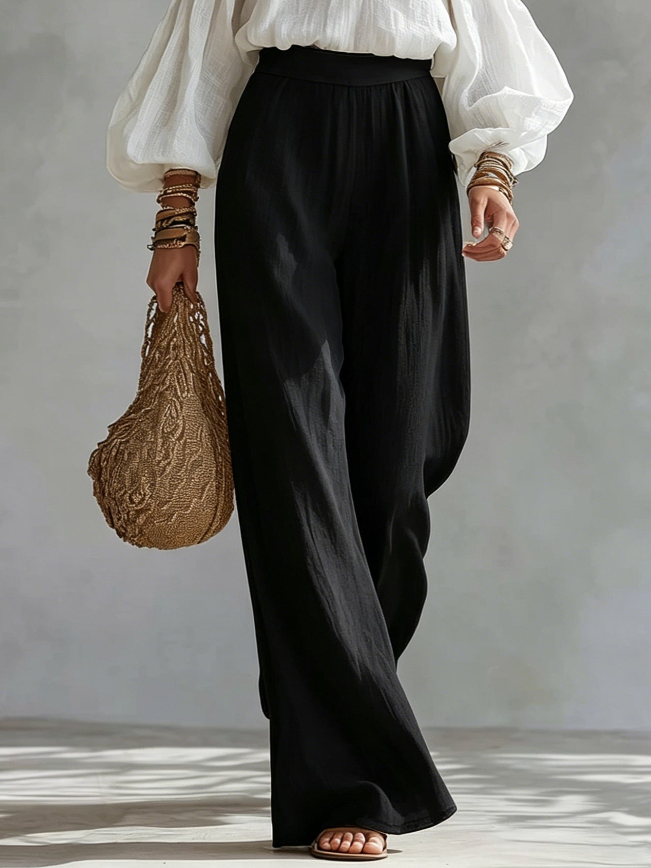 White Off-the-shoulder Tank Top And Black Wide-leg Pants Suit