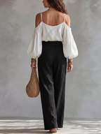 White Off-the-shoulder Tank Top And Black Wide-leg Pants Suit
