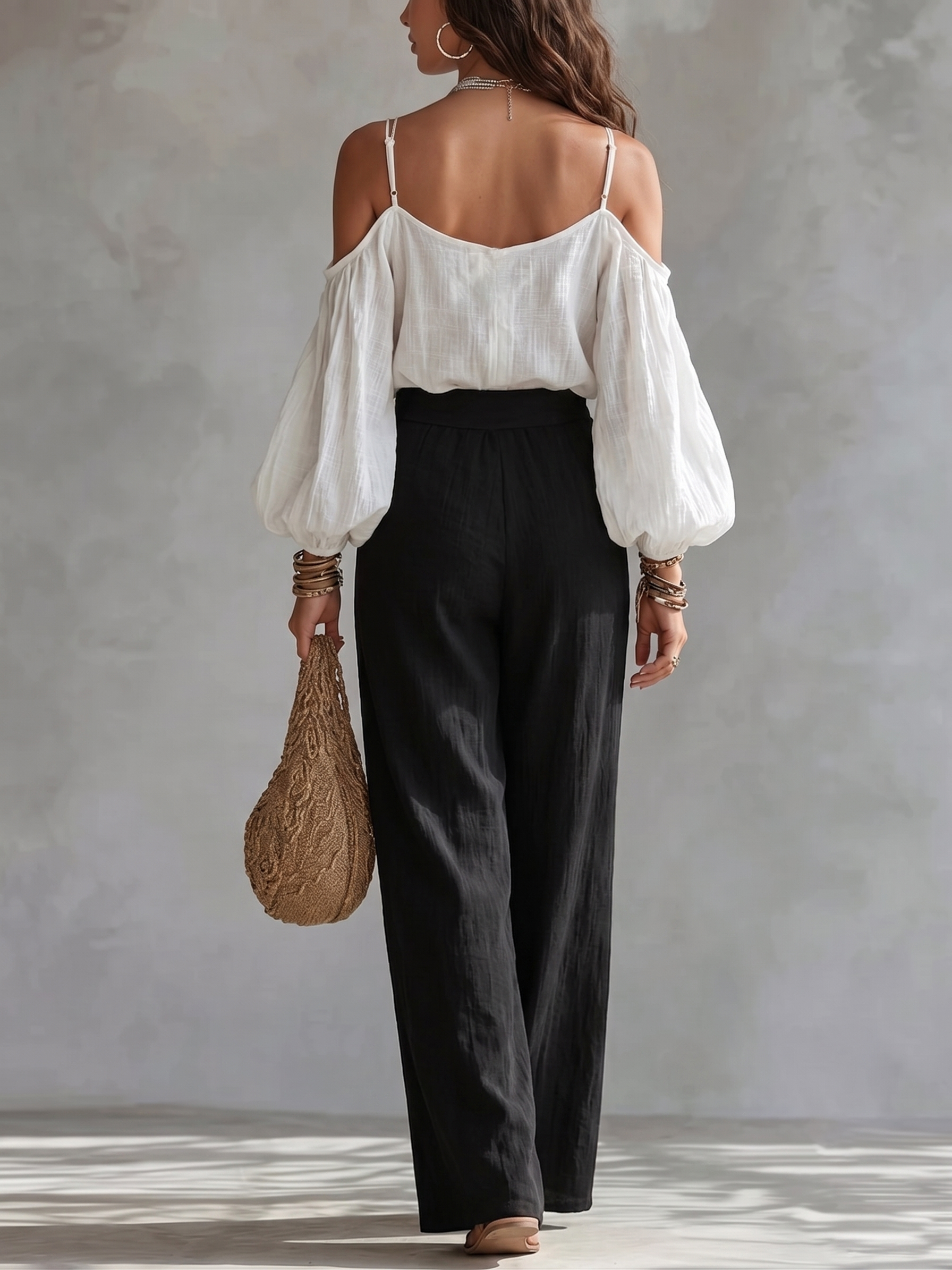 White Off-the-shoulder Tank Top And Black Wide-leg Pants Suit