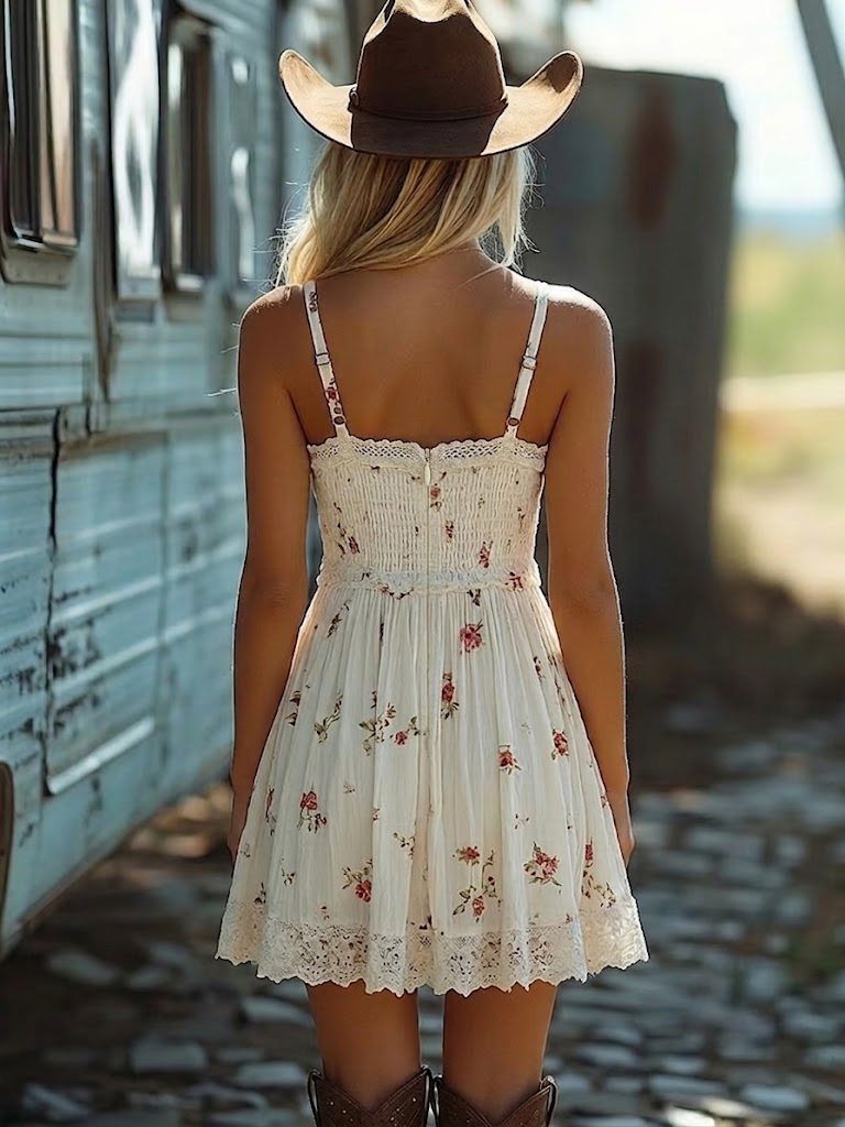 White Floral Print Spaghetti Strap Bohemian Mini Dress