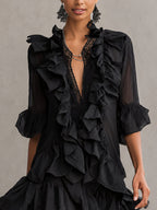 Black Ruffled Chiffon Lace Mini Dress