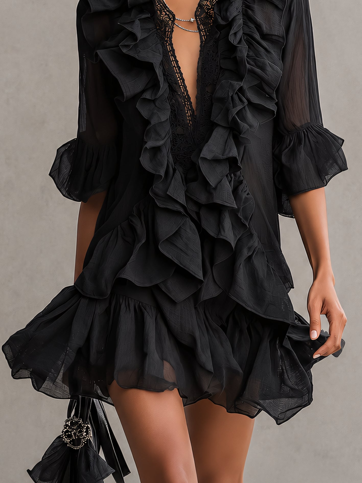 Black Ruffled Chiffon Lace Mini Dress
