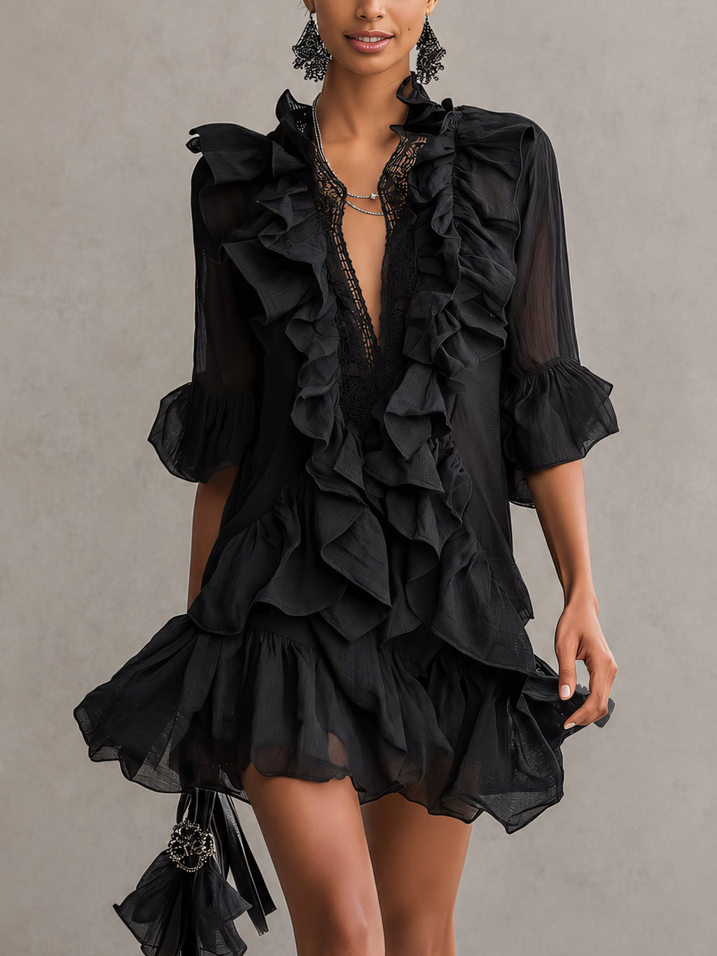 Black Ruffled Chiffon Lace Mini Dress