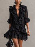 Black Ruffled Chiffon Lace Mini Dress