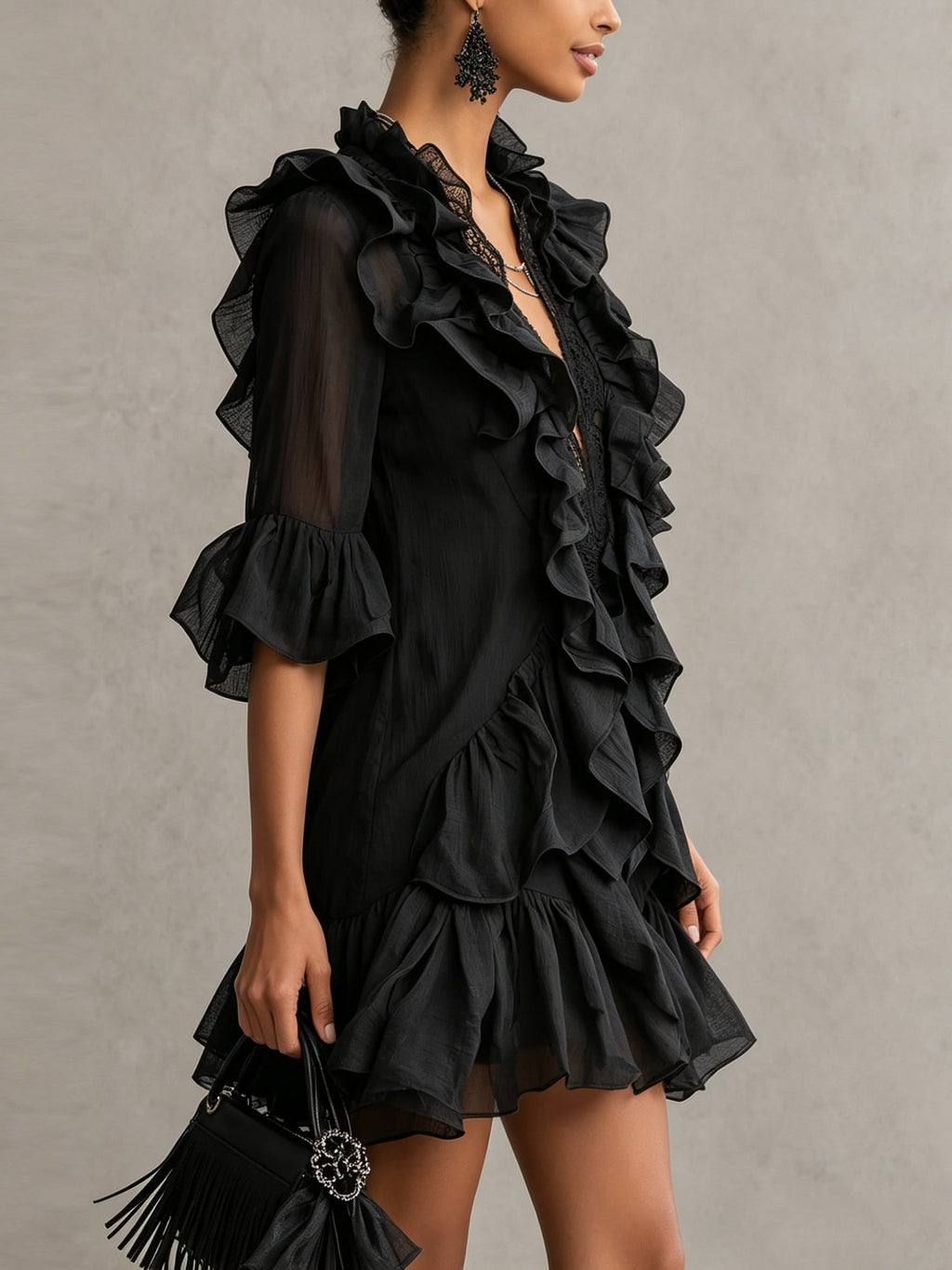 Black Ruffled Chiffon Lace Mini Dress