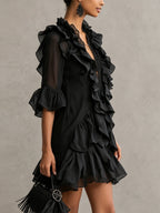 Black Ruffled Chiffon Lace Mini Dress